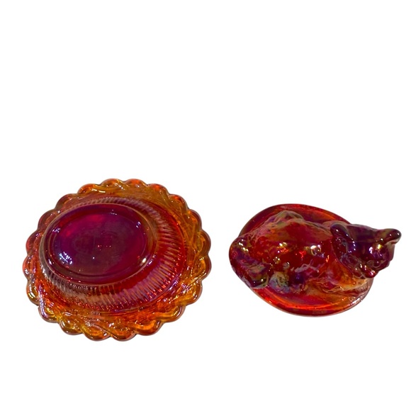 Mosser Glass Red Cat on Nest Salt Cellar/Trinket Box Vintage - Picture 3 of 4